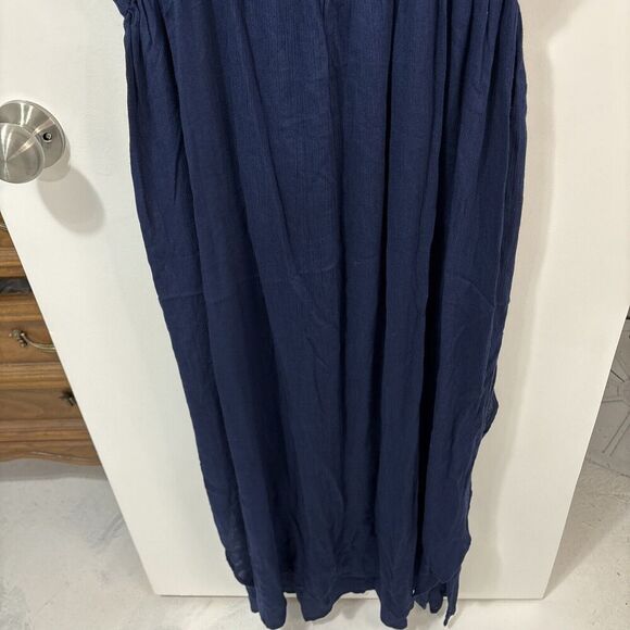 Boho Navy Blue Floral Print Maxi Crossover Neck Dress Rayon Smocked Waist Medium - Picture 7 of 10